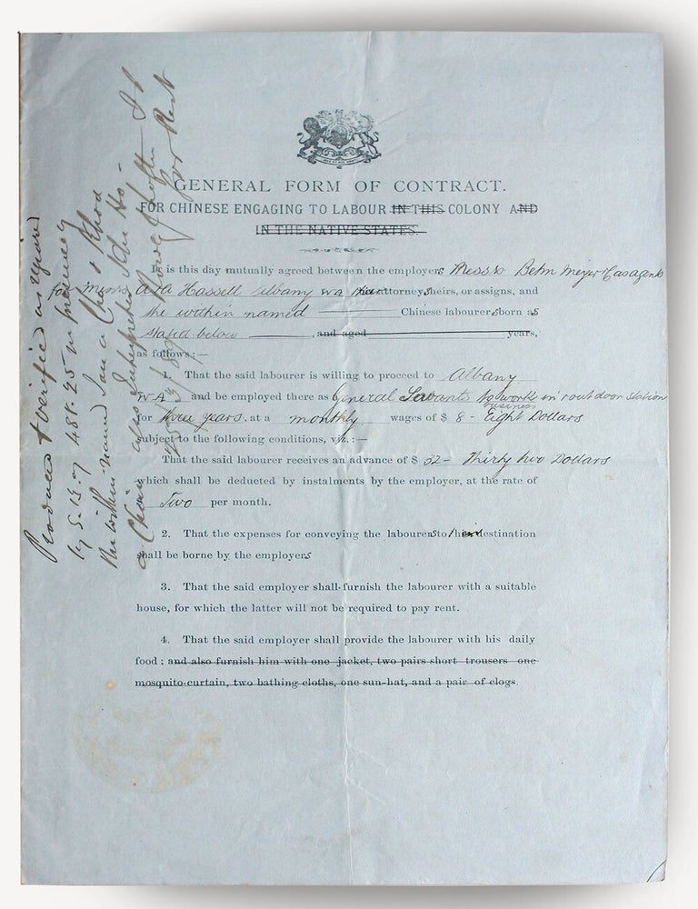 Item #20130 Singapore contract for Chinese laborers to work in Albany Western Australia 1889: 'General Form of Contract for Chinese Engaging to Labour in this Colony and in the Native States'. Western Australia, Singapore.