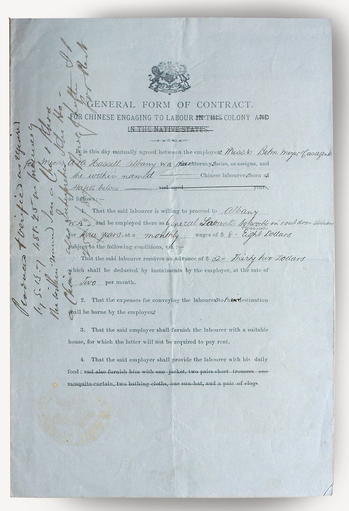 Item #20130 Singapore contract for Chinese laborers to work in Albany Western Australia 1889: 'General Form of Contract for Chinese Engaging to Labour in this Colony and in the Native States'. Western Australia, Singapore.