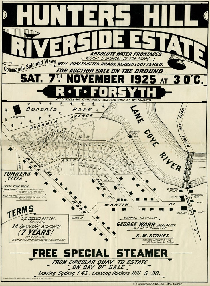 Item #20273 Riverside Estate Hunters Hill. Land subdivision poster.
