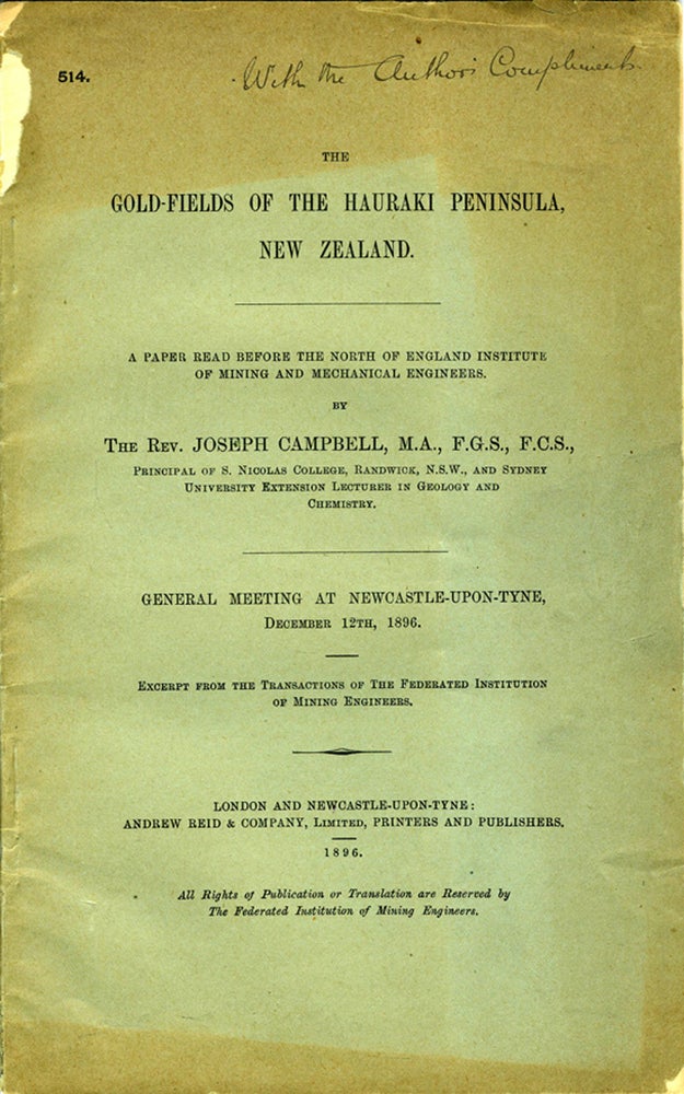 Item #20293 The Gold-Fields of the Hauraki Peninsula, New Zealand. Pamphlet. Joseph Rev Campbell.