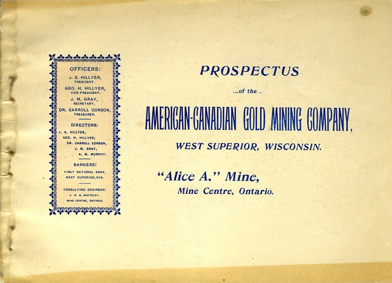 Item #20311 Prospectus of the American-Canadian Gold Mining Company, West Superior, Wisconsin for the "Alice A." Mine in Ontario. Mining, USA, Canada.