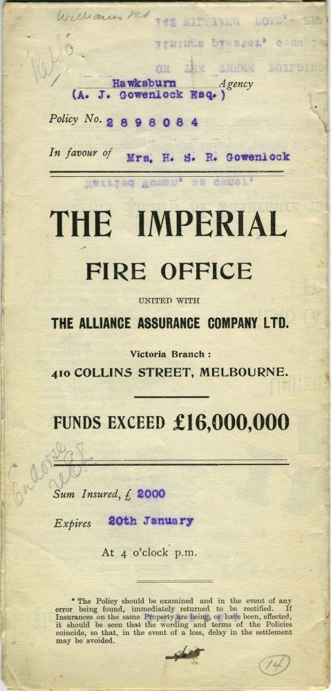 Item #20518 The Imperial Fire Office united with The Alliance Assurance Company Ltd. - Victoria Branch, Melbourne - policy dated 1910 for a property at 138, 149, 142 Williams Road, Prahran. Victoria, Insurance.
