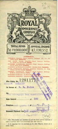 Item #20521 The Royal Insurance Company Limited - Victoria Branch, Melbourne - policy dated 1914...
