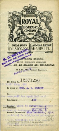 Item #20522 The Royal Insurance Company Limited - Victoria Branch, Melbourne - policy dated 1914...