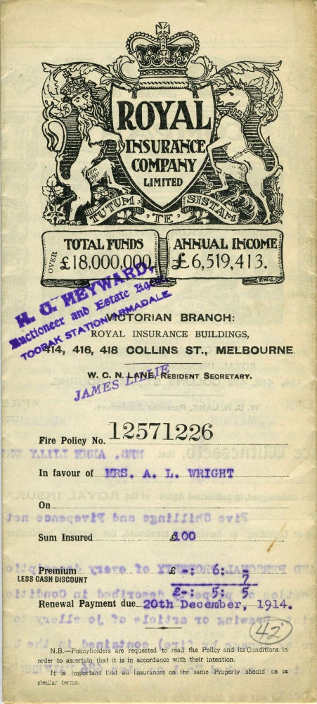 Item #20522 The Royal Insurance Company Limited - Victoria Branch, Melbourne - policy dated 1914 for household furniture and personal property at 686 Malvern Road, Armadale. Victoria, Insurance.