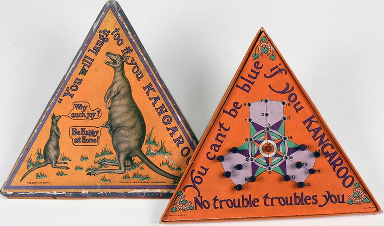 Item #20568 Unusual triangular board game with pair of kangaroos and joey on front cover, printed with "You will laugh too if you KANGAROO!" Childrens, Board game.