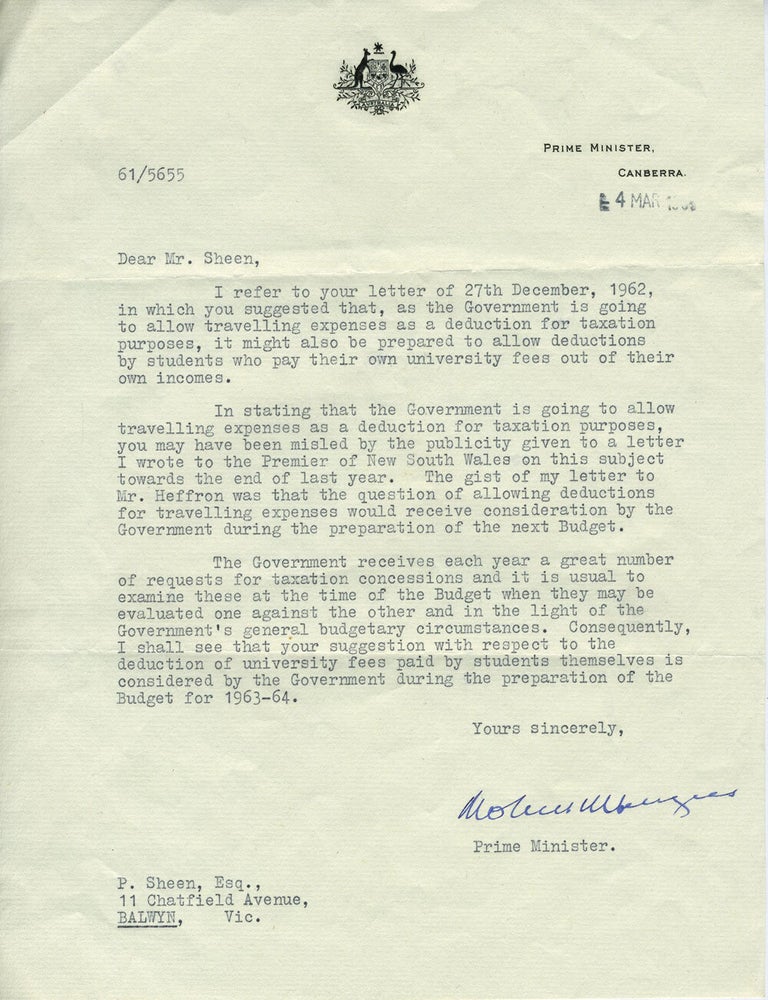 Item #20691 TLS from Robert Menzies, regarding tax deductions for student tuition. Robert G. Menzies.