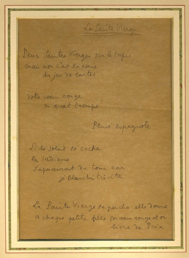Item #20767 'La Sainte Vierge'. Manuscript of an unrecorded poem, written in Jean Cocteau's hand. Jean Cocteau.
