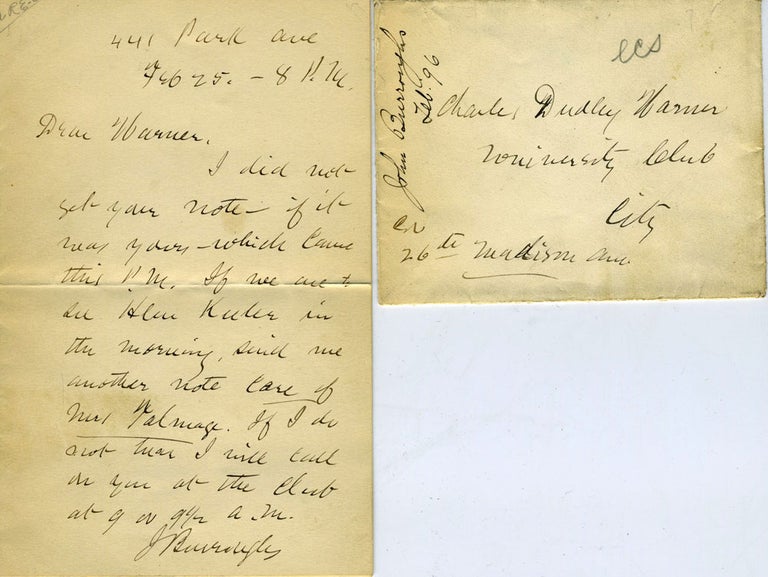 Item #20773 Signed invitation to Charles Dudley Warner to meet Helen Keller. John Burroughs.