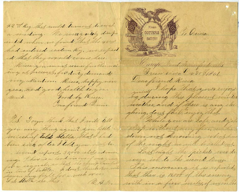 Item #20823 Civil War autograph letter from Union soldier at the Battle of Bowling Green, dated December 30th 1861 from Munfordville, Kentucky. Civil War.