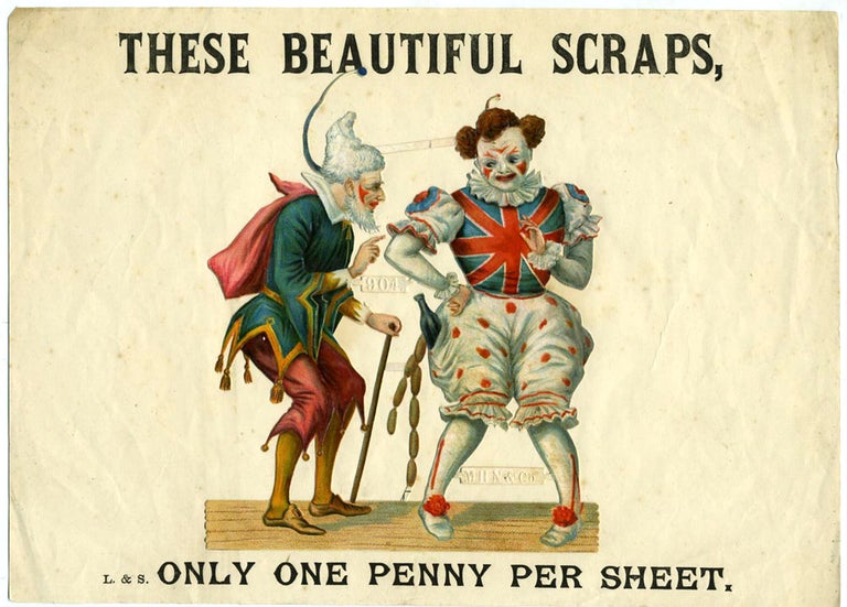 Item #20824 Advertisement for scraps, Clown and Pantaloon, 'These Beautiful Scraps, Only One Penny Per Sheet'. Advertising, Paper Scraps, M H. N., Company.