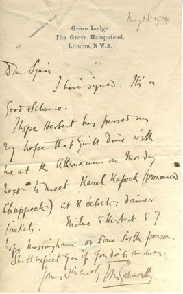 Item #20837 ALS, from Galsworthy to Sir John Collings Squire, inviting him to dinner to meet Karl...
