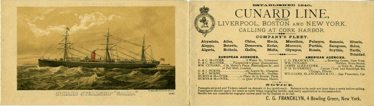 Item #20839 Cunard Line, Between Liverpool, Boston and New York, Calling at Cork Harbor. Irish Immigration to New York and Boston.