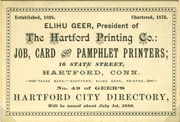 Item #20864 'Elihu Geer, President ... Job, Card and Pamphlet Printers'. Trade card with calendar.