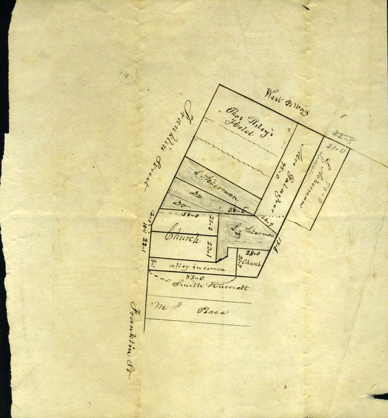 Item #20874 New York City Map: "Discription (sic) of L. Ackermans Property in Franklin St & West BWay and of Church Property" L. Ackerman, Thomas Riley.