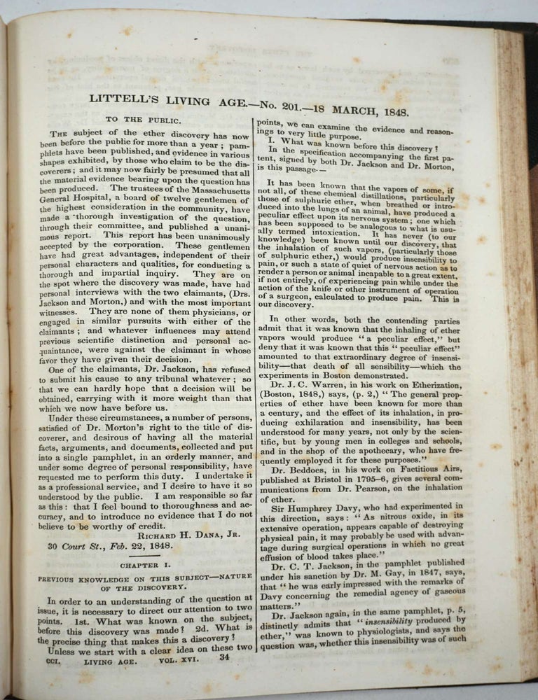 Item #20924 Ether Controversy in Littell's Living Age. Charles Thomas Jackson.