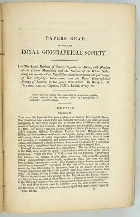 The Lake Regions of Central Equatorial Africa; the true 1st edition of Burton's important exploration, in the Journal of the Royal Geographical Society, Annual Issue for 1859, Vol. 29.