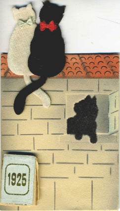 Item #20999 French die cut 1925 calendar with two cats on a roof, their tails intertwined