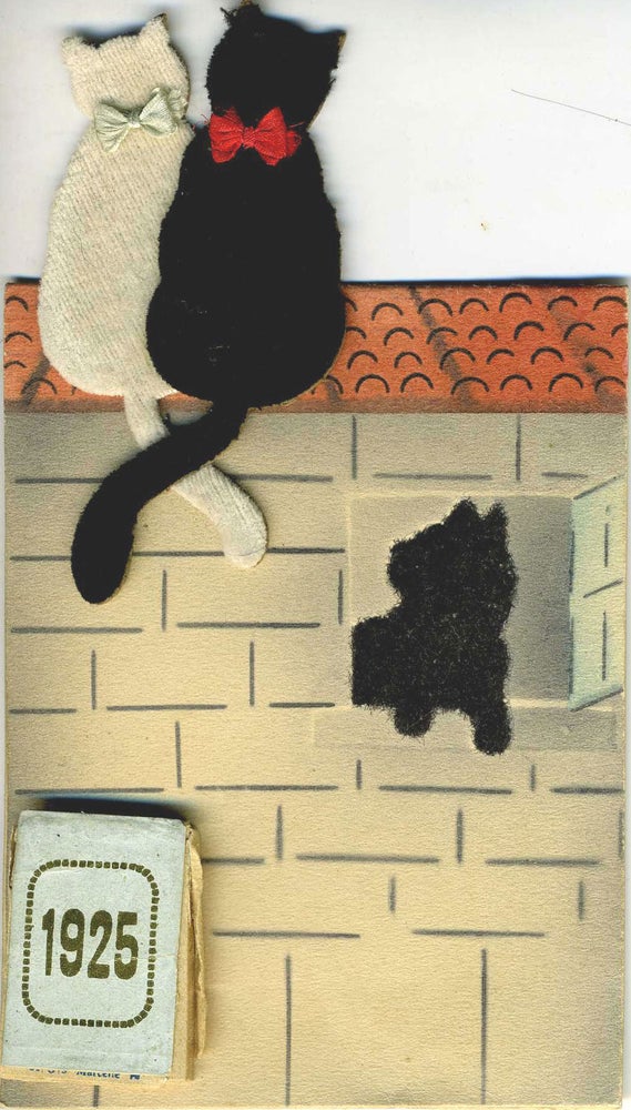 Item #20999 French die cut 1925 calendar with two cats on a roof, their tails intertwined.