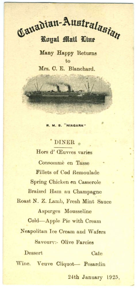 Item #21072 The Canadian Australasian Royal Mail Line. RMS "Niagara" menu. New Zealand.