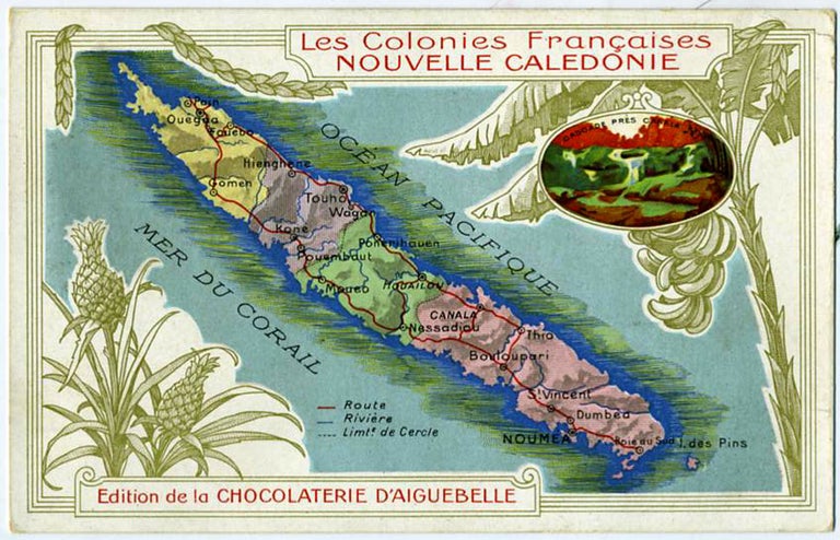 Item #21077 Les Colonies Francaises, Nouvelle Caledonie (New Caledonia). Map trade card. Advertising card. Chocolaterie d'Aiguebelle.