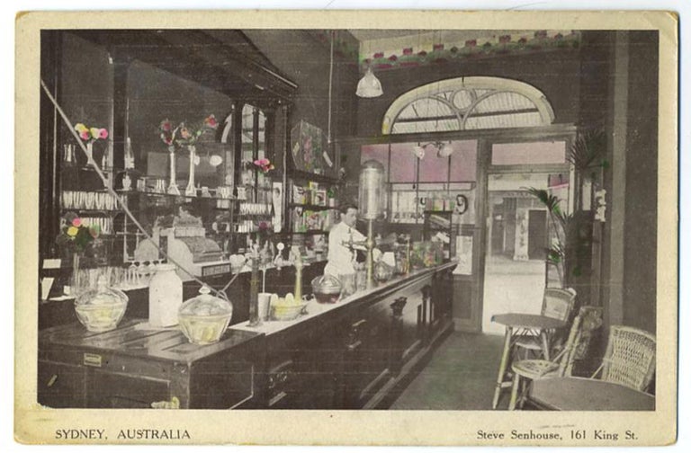 Item #21079 Sydney Australia, Steve Senhouse, 161 King St. (postcard showing the interior of Sydney shop). Australia, Sydney.