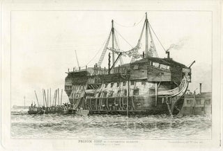 Item #21171 Prison Ship in Portsmouth Harbour, convicts going on board. Etching showing convicts...
