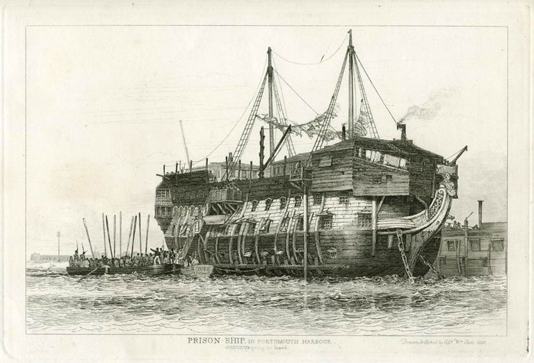 Item #21171 Prison Ship in Portsmouth Harbour, convicts going on board. Etching showing convicts boarding prison ship in Portsmouth, England. Edward William Cooke.