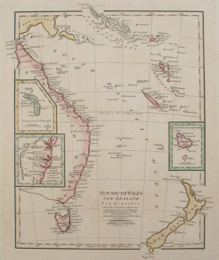 Item #21182 Map: New South Wales, New Zealand, New Hebrides and the Islands Adjacent, comprising the Discoveries of Mendana, Qurios, Carteret, Bougainville, Surveille, Cook, Shortland, &c. R. Wilkinson.