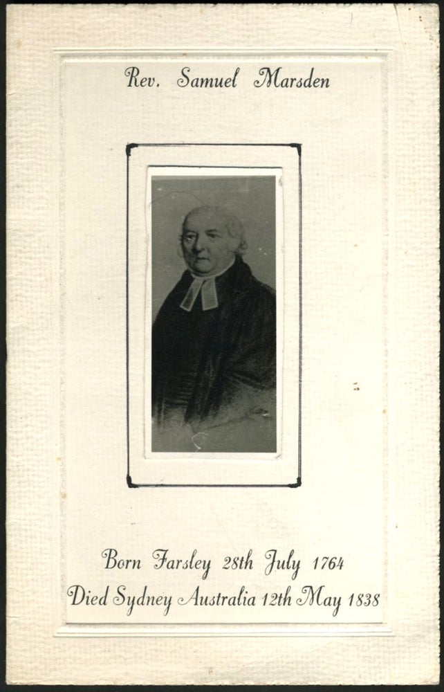 Item #21196 Rev. Samuel Marsden, memorial card with tipped on photograph. Australia.