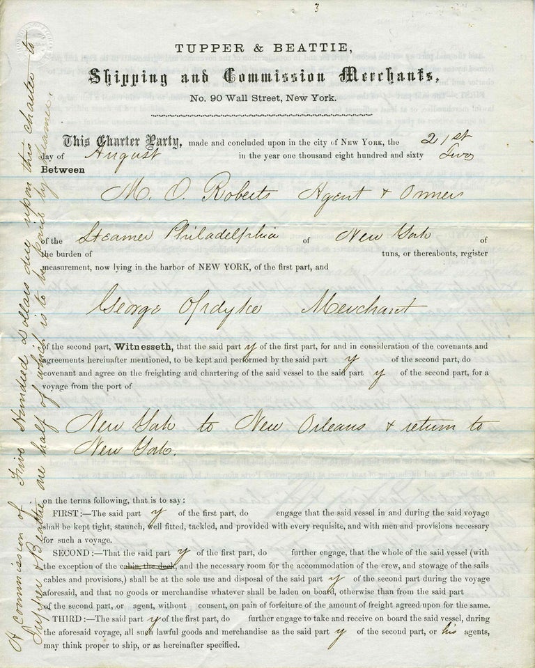 Item #21269 Contract to send 'Assorted Cargo' to New Orleans via Steamer Philadelphia during the Civil War Blockade. George Opdyke, New York City.
