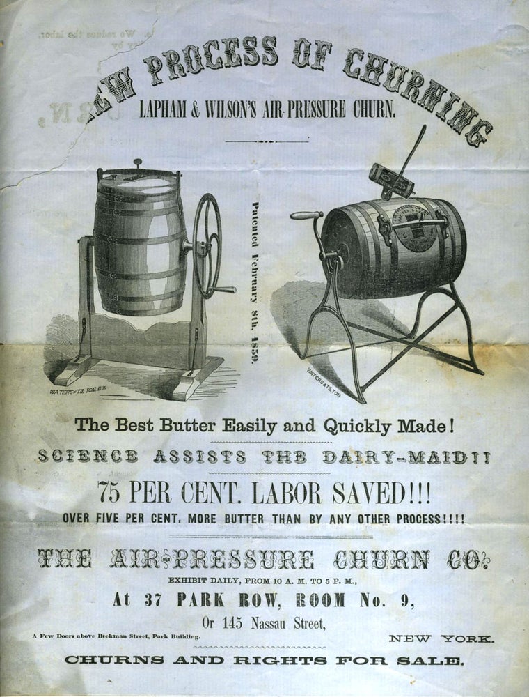 Item #21288 New Process of Churning, Lapham & Wilson's Air Pressure Churn. Illustrated sales flyer with many type faces. Trade card.