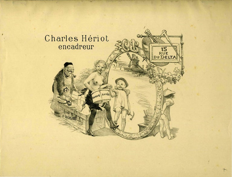 Item #21406 Charles Heriot, encadreur, 15 rue du Delta. Lithograph advertisement for Paris frame maker. Adolphe Willette.