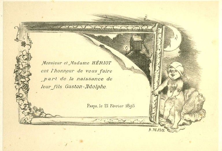 Item #21408 Monsieur et Madame Heriot ... la naissance de leur fils Gaston- Adolphe. Lithograph birth announcement for a Dachau survivor, Paris. Adolphe Willette.
