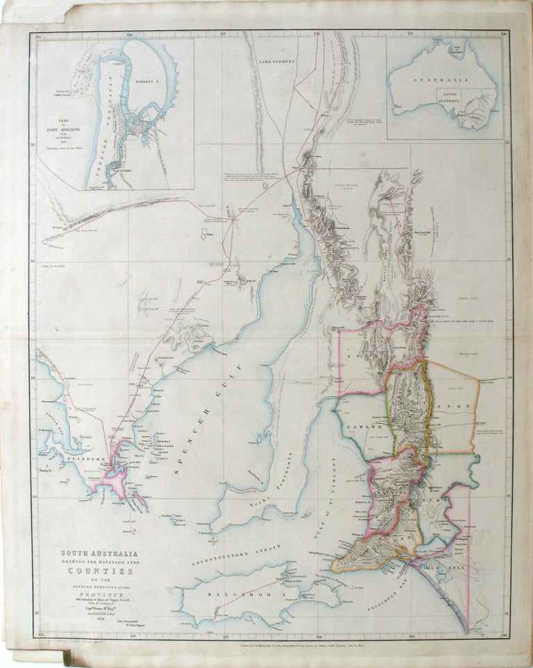 Item #21419 South Australia Shewing the Division into Counties of the Settled Portions of the Province With situation of Mines of Copper & Lead from the Surveys of Captn Frome R.l Eng.rs Map published London 20 March 1858. John Arrowsmith.