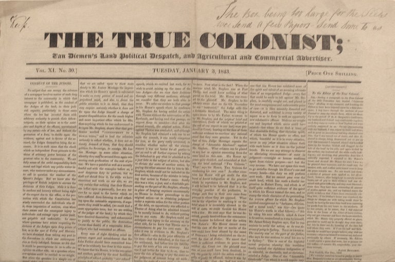 Item #21542 Seed trade between Van Diemen's Land and the UK and vice versa and article on Queen Pomare agreeing to Tahiti becoming a French protectorate; in "The True Colonist; Van Diemen's Land Political Despatch and Agricultural and Commercial Advertiser" Tasmania, Tahiti.