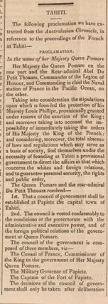 Seed trade between Van Diemen's Land and the UK and vice versa and article on Queen Pomare agreeing to Tahiti becoming a French protectorate; in "The True Colonist; Van Diemen's Land Political Despatch and Agricultural and Commercial Advertiser"