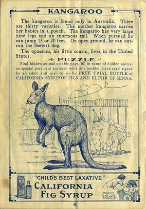 Circus Animals, Puzzle Pictures for Boys and Girls. Kangaroo illustration in Advertising pamphlet for California Fig Syrup Company.