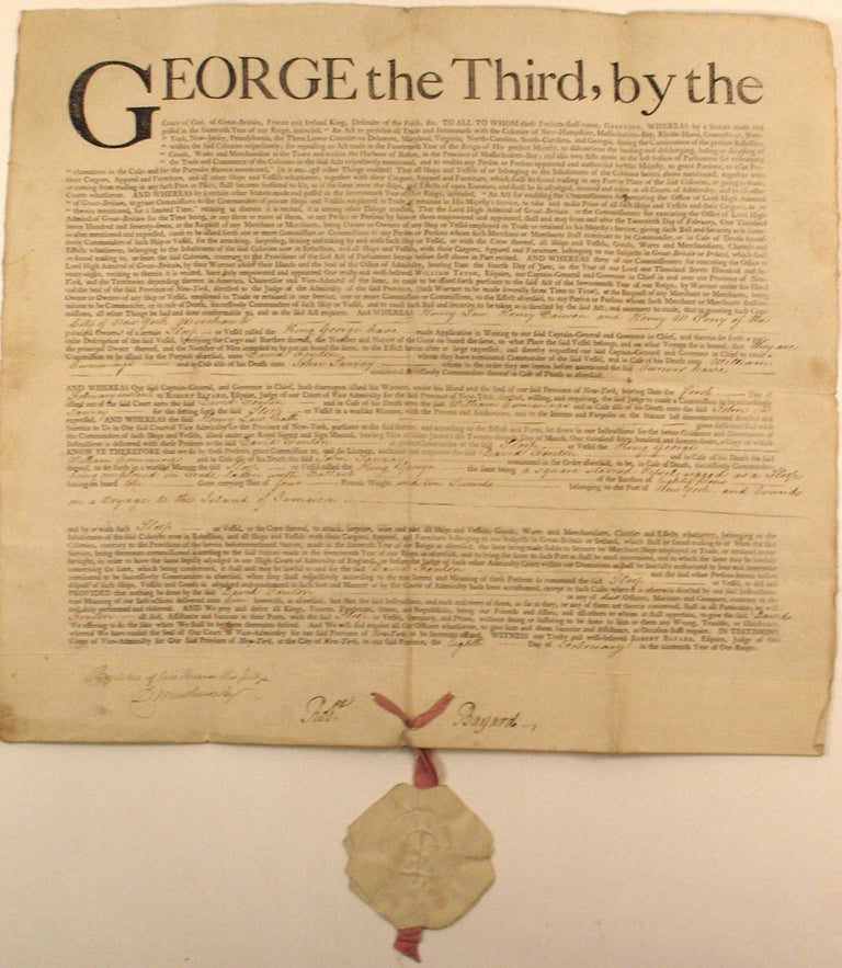 Item #21574 Revolutionary War Privateering Commission to Loyalist David Fenton for the Sloop 'King George' [with] 1757 Seven Years' War Decree to David Fenton and other British Privateers to Refrain from Hostilities in the Gulf of Naples.