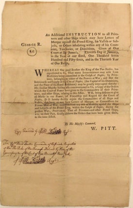 Revolutionary War Privateering Commission to Loyalist David Fenton for the Sloop 'King George' [with] 1757 Seven Years' War Decree to David Fenton and other British Privateers to Refrain from Hostilities in the Gulf of Naples.