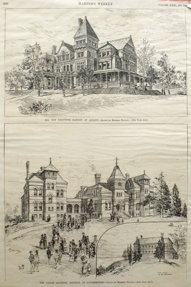 Item #21604 The New Executive Mansion at Albany; and The Vassar Brothers' Hospital at Poughkeepsie, a full page spread from Harper's Weekly. Hughson Hawley, Hudson River.