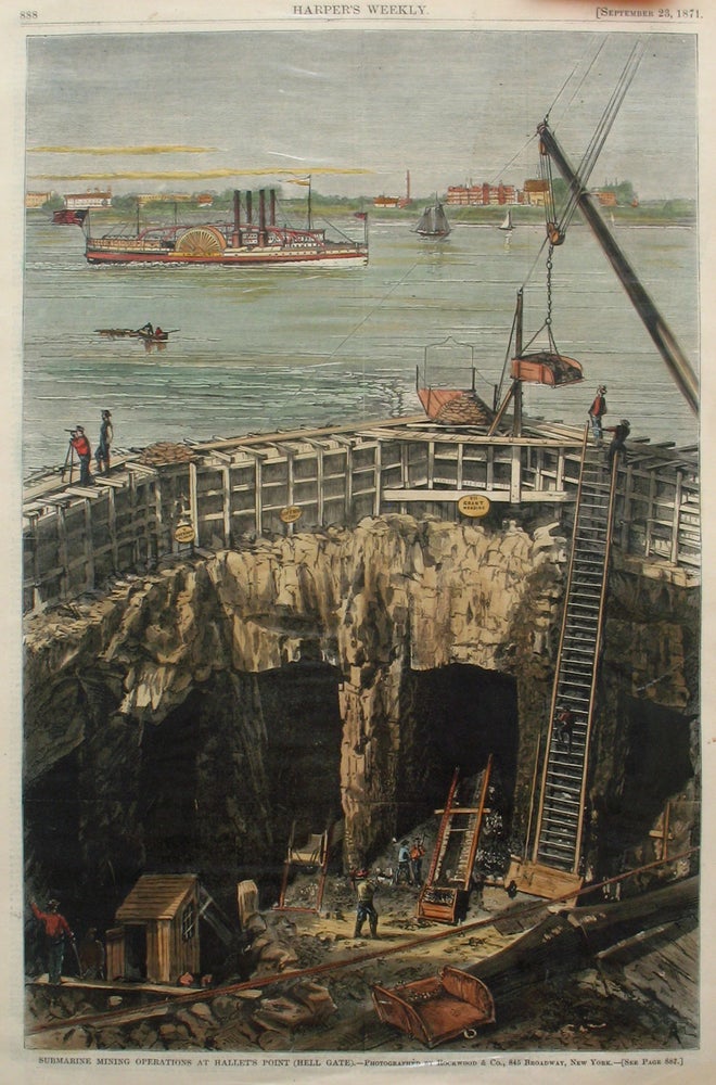 Item #21606 Submarine Mining Operations at Hallet's Point (Hell Gate), a full page spread from Harper's Weekly. Rockwood, Co., Hell Gate, Hallet's Point.