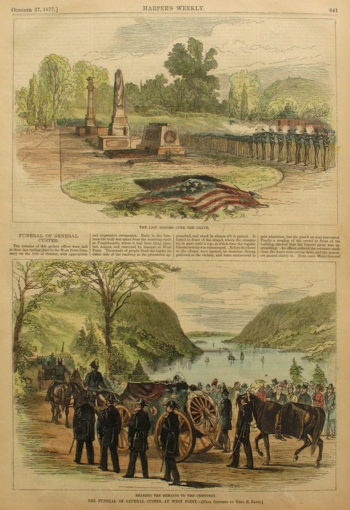 Item #21611 The Last Honors Over the Grave and the Funeral of General Custer at West Point, a full page spread from Harper's Weekly. Theo Davis, General Custer West Point.