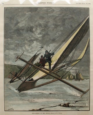 Item #21614 Ice Yachting on the Hudson, a full page spread from Harper's Weekly. M. J. Burns, Ice...