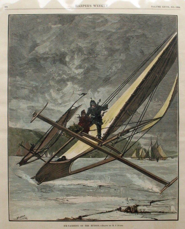 Item #21614 Ice Yachting on the Hudson, a full page spread from Harper's Weekly. M. J. Burns, Ice Yachting Hudson River.