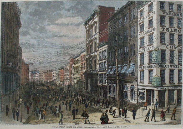 Item #21615 Broad Street During the Panic, a full page spread from Harper's Weekly. Rockwood, Financial Crisis.