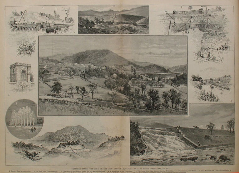 Item #21619 Sketches Along the Line of the New Croton Aqueduct, a double page spread from Harper's Weekly. Hughson Hawley, Croton Aqueduct.
