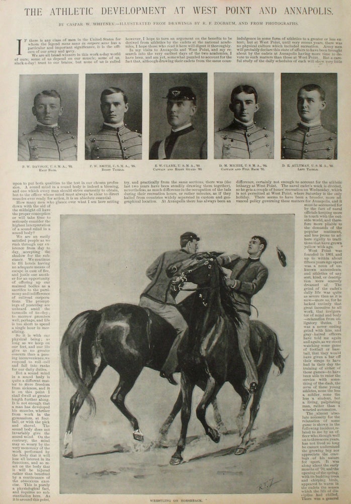 Item #21623 The Athletic Development at West Point and Annapolis, a four full page article from Harper's Weekly. Caspar W. Whitney, R. F. Zogbaum, ills, Annapolis West Point.