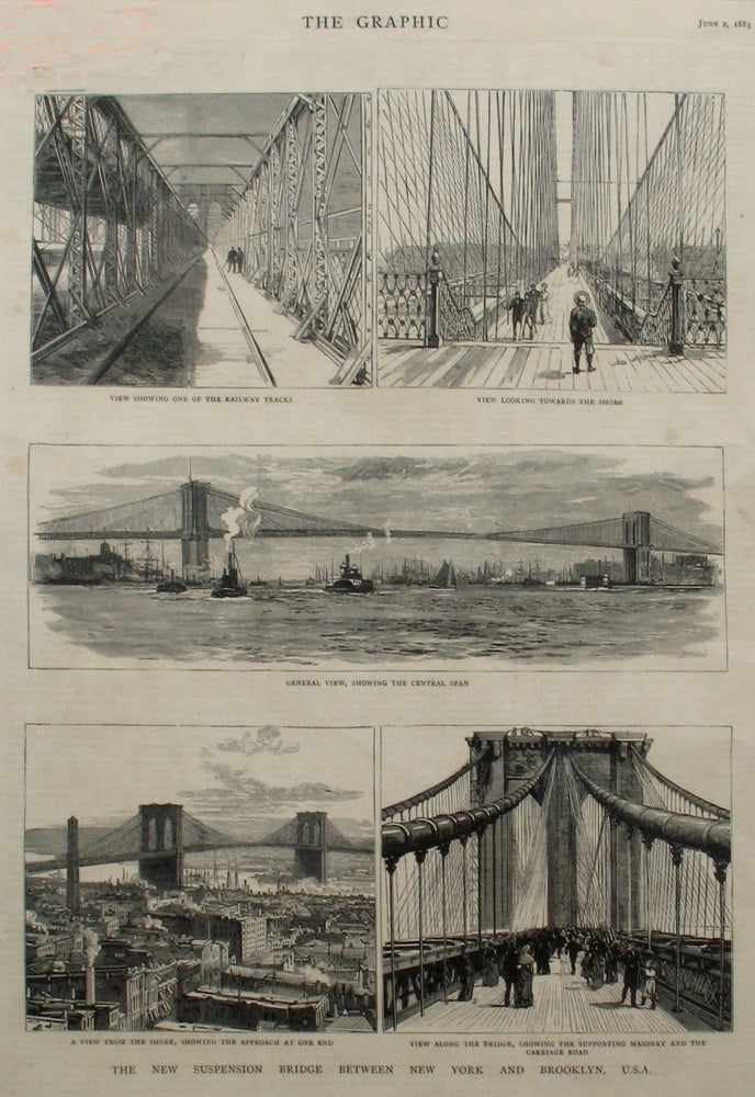 Item #21625 The New Suspension Bridge Between New York and Brooklyn, USA, a full page spread in The Daily Graphic. Brooklyn Bridge.