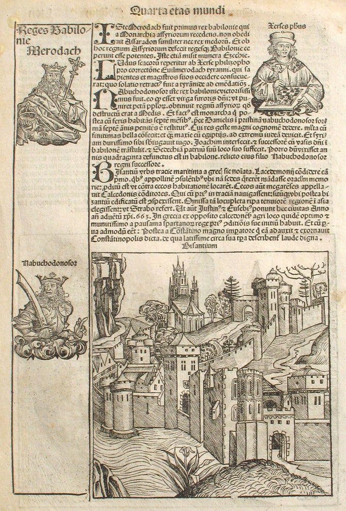 Item #21639 Constantinople, Bologna and a Chess Player in the Liber chronicarum- Nuremberg Chronicle, an individual page from the Chronicle featuring Bisantium (Byzantium, now CONSTANTINOPLE) and Bononia (BOLOGNA), with Chess Player (Plate No. LXII). Hartmann Schedel, Michel Wolgemuth, Wilhelm Pleydenwurff, ills.